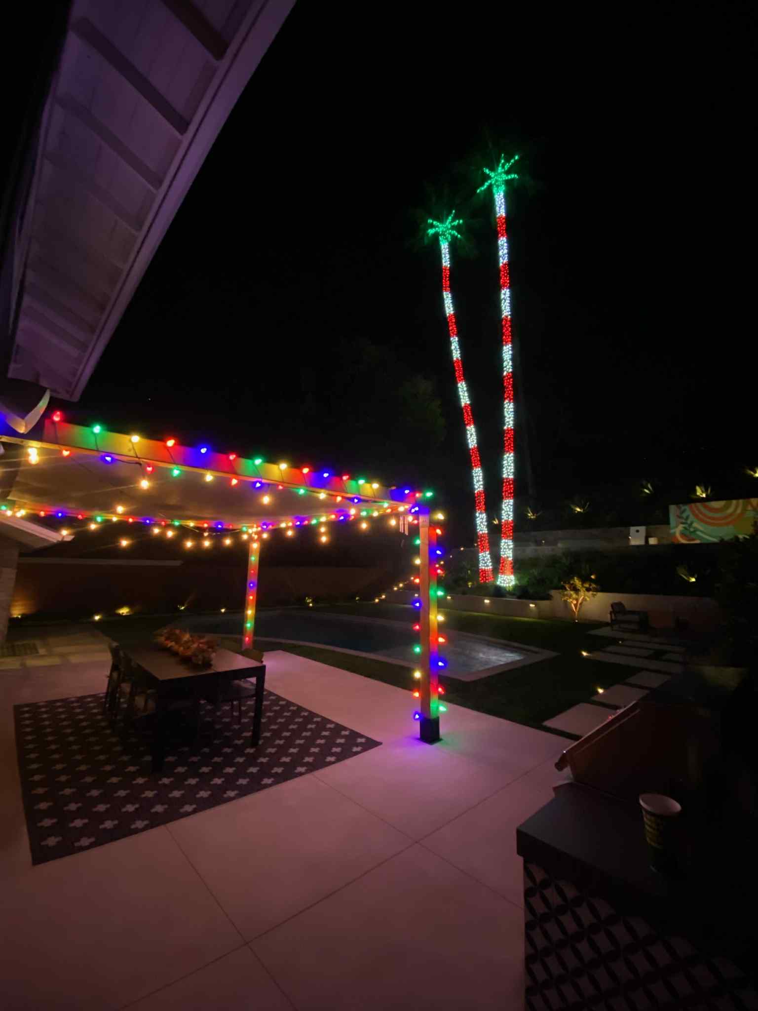 Backyard patio with colorful string lights and palm trees